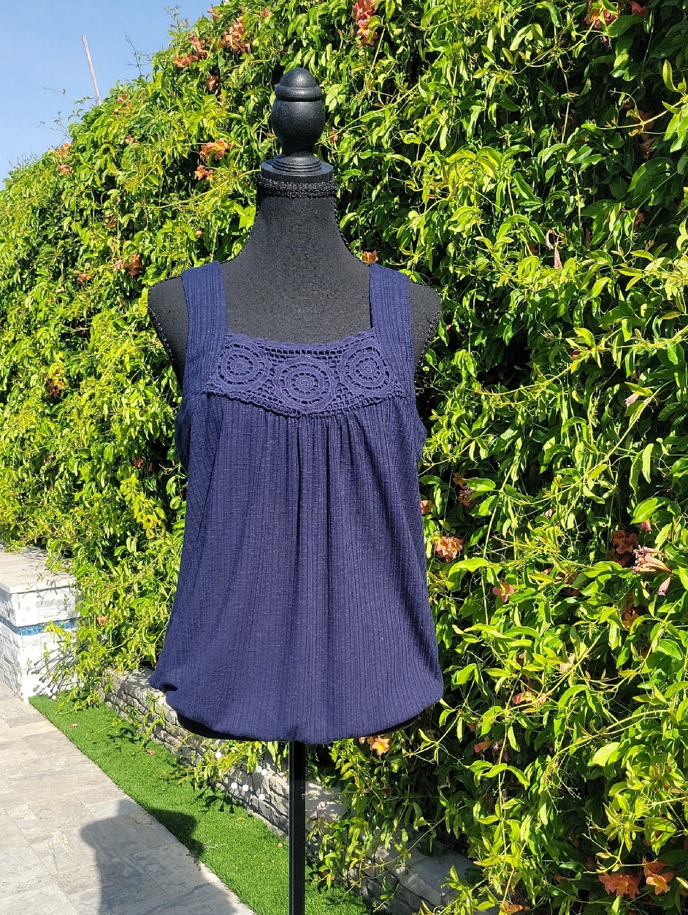 Navy Blue Crochet Yoke Tank Top With Elastic Hem M